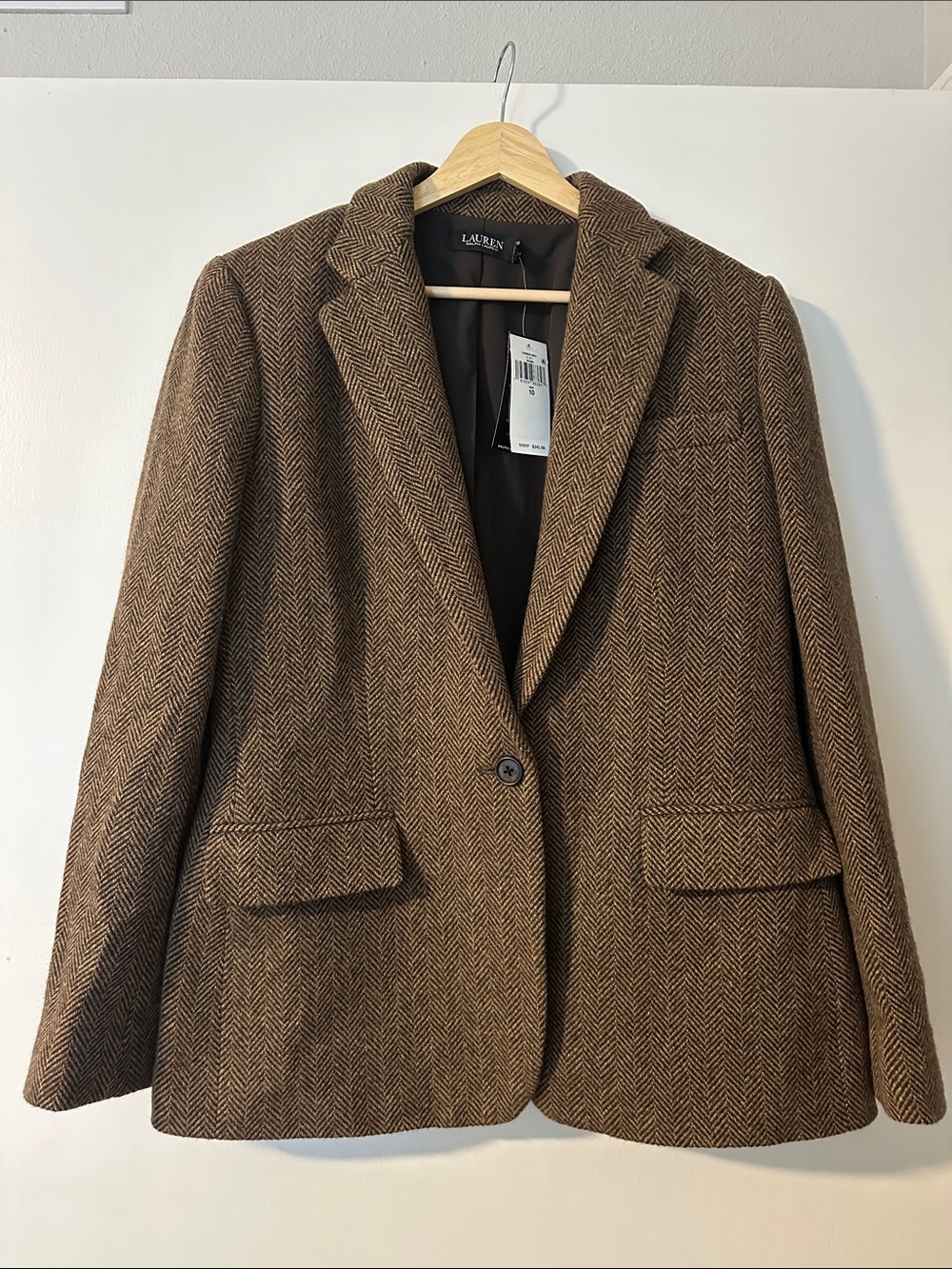 NWT Lauren Ralph Lauren Brown Herringbone Blazer Wool Blend